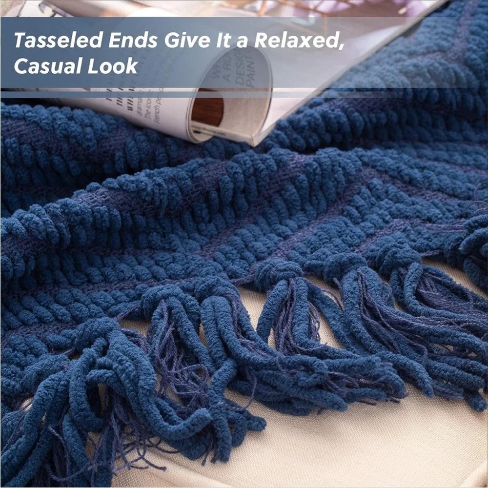 West Elm Navy Blue Fringe Warm Cute Chevron Luxury Fashionable Gift Soft Blanket